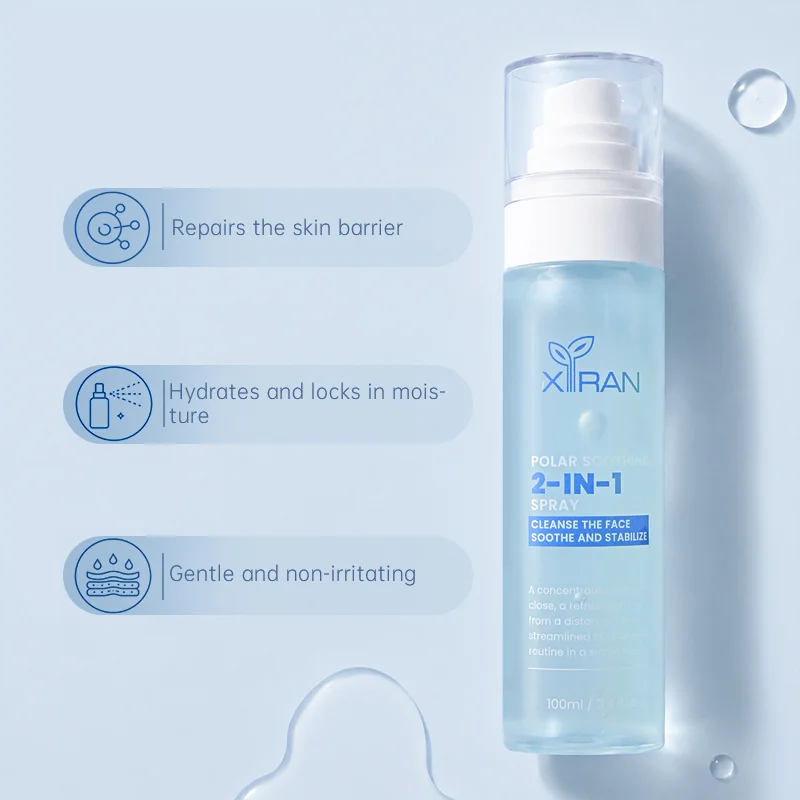 A bottle of XIRAN polar soothing 2-in-1 skincare spray with text highlighting benefits such as repairing the skin barrier, hydrating and locking in moisture, and being gentle and non-irritating.